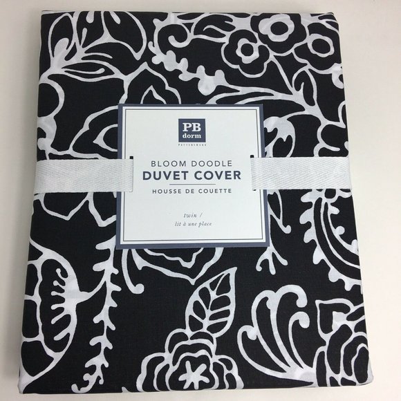 Pottery Barn Teen Dorm Duvet Cover Twin Bloom Doodle Black White Cotton Floral - Picture 11 of 12